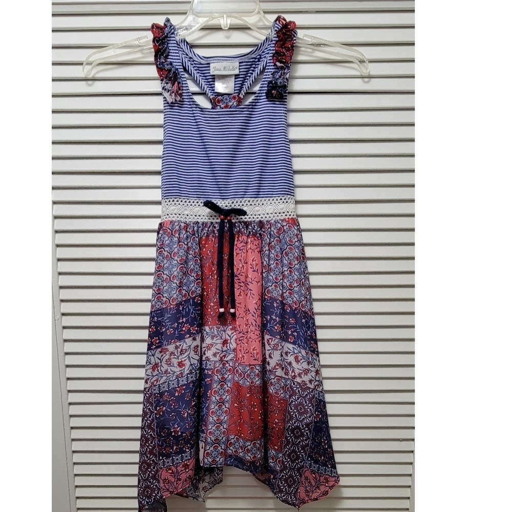Patchwork Floral Dress Sharkbite Hem Blue Red Jona Michelle Girls 8 Striped